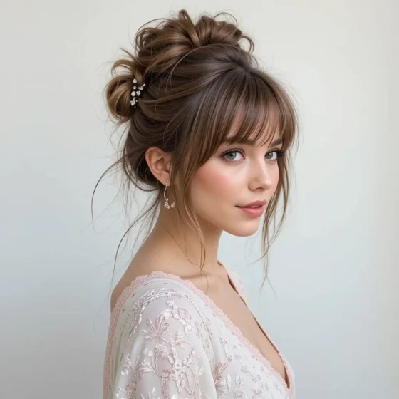 Bottleneck Bangs with Messy Bun Updo