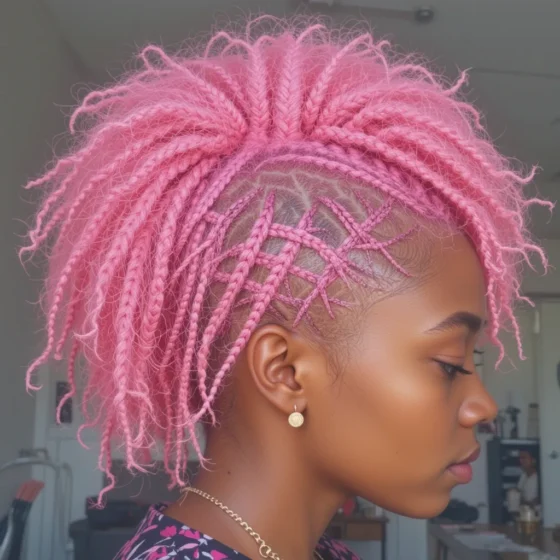 Box Braids with Triangle Parts
A young woman with a bold, bright pink afro, adorned with intricately woven box braids featuring triangle-shaped sections, the sharp edges of which are accentuated by a subtle gradient of darker pink hues.