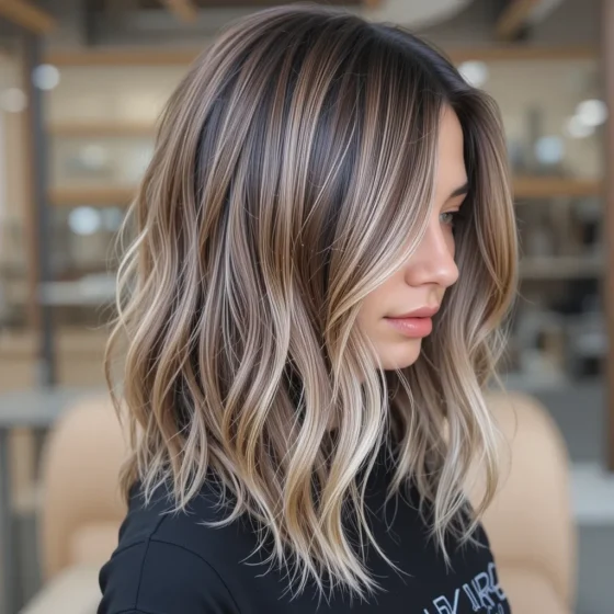 Caramel Brown Balayage with Silver Accents