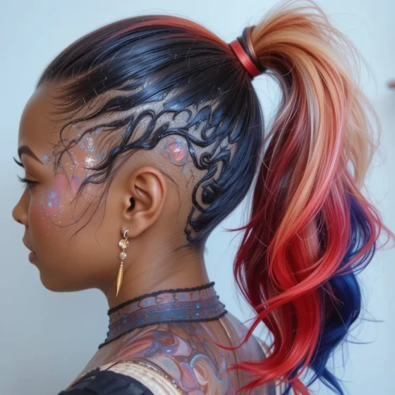 Colored Ponytail with Wave Shaved Pattern