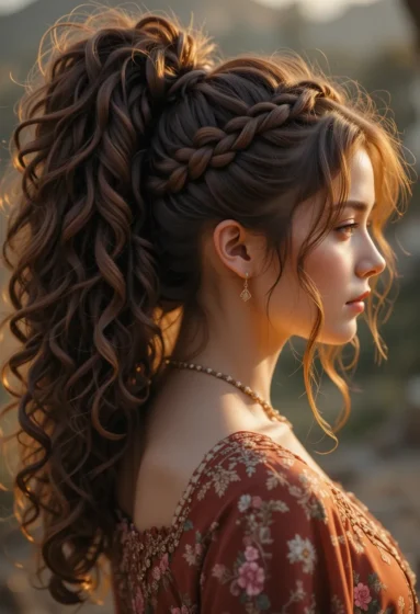 Curly Ponytail With Braided Crown