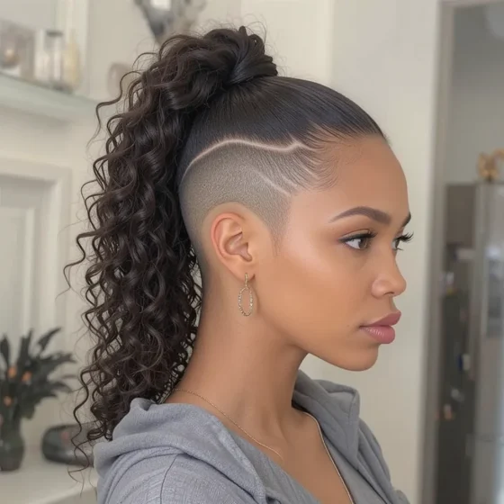 Curly Ponytail with Zig-Zag Shaved Lines