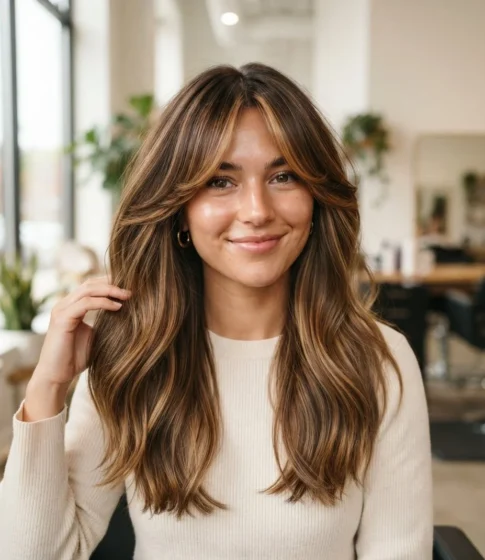 Curtain Bangs with Warm Caramel Balayage