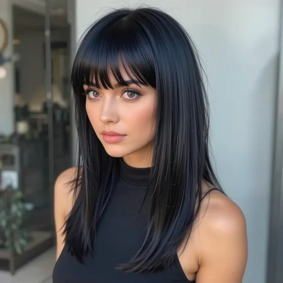 Feathered Bottleneck Bangs on Jet-Black Hair