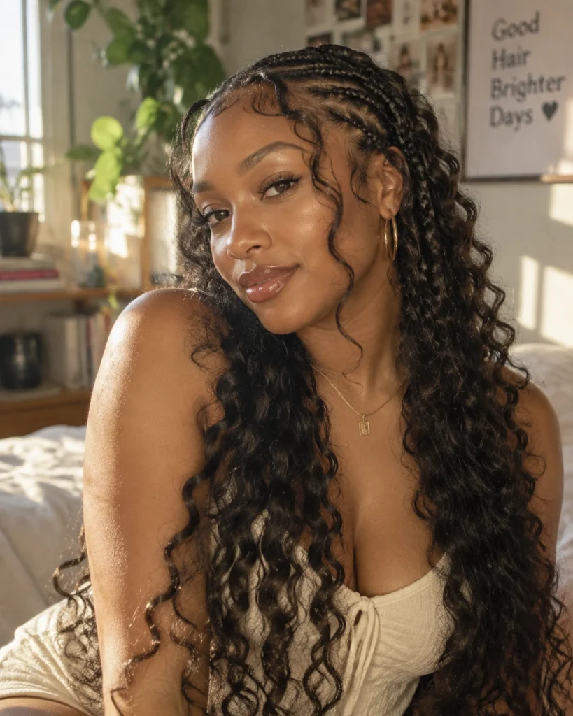 Goddess Cornrows with Loose Deep-Wave Tendrils