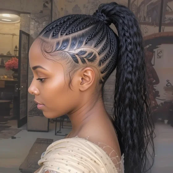 Goddess Ponytail with Side Leaf Shaved Design