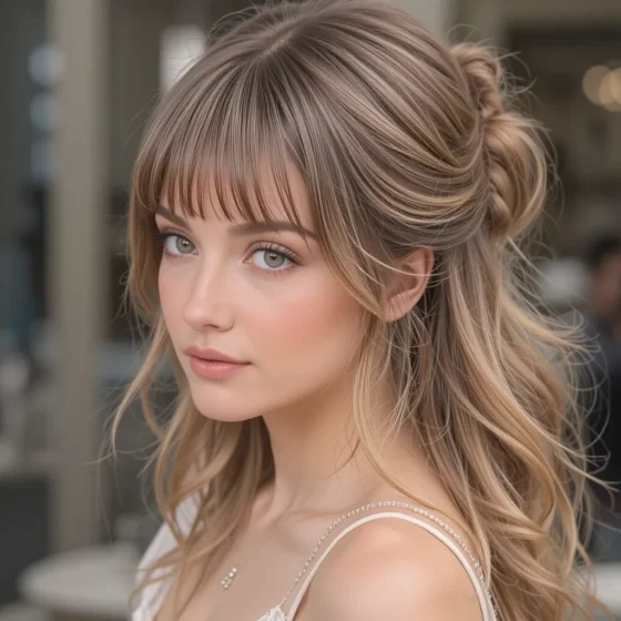 Grown-Out Bangs with a Half-Up Hairstyle