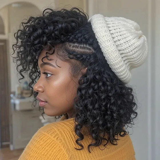 Half-Up, Half-Down Curls with a Beanie