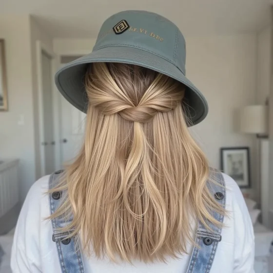 Half-Up Twist with a Bucket Hat