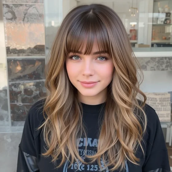 Layered Bottleneck Bangs with Caramel Balayage