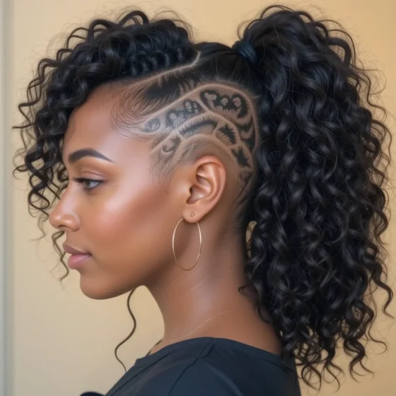 Low Curly Ponytail with Heart Shaved Design