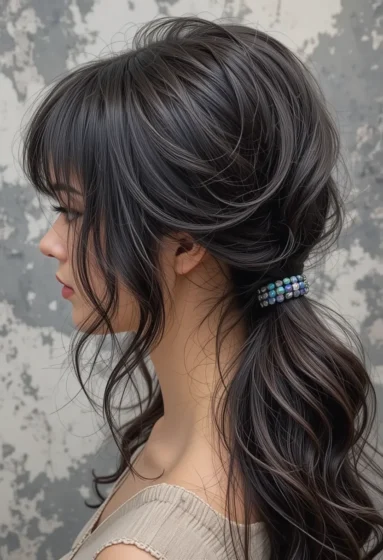 Low Wavy Ponytail with Choppy Bangs