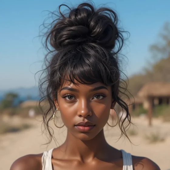 Messy Bun with Curly Bangs