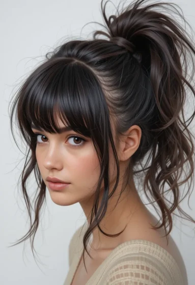 Messy High Ponytail with Full Bangs