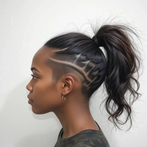 Messy Ponytail with Swirl Shaved Sides