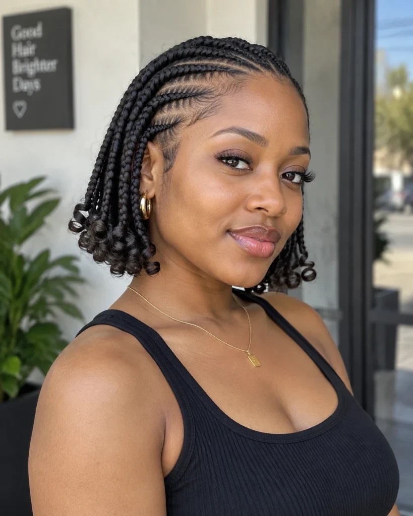 Short Bob-Length Cornrows with Curled Ends