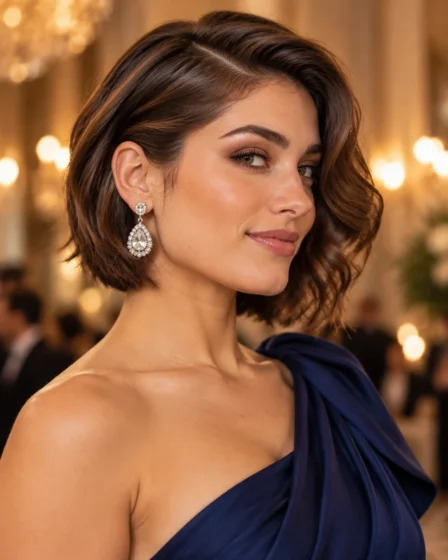 Side-Swept Waterfall Braid on Wavy Bob