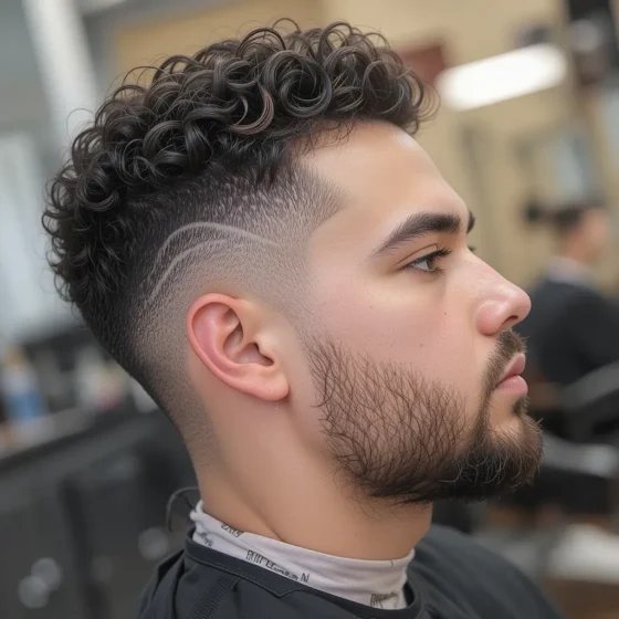 Skin Fade with Curly Top and Line Design