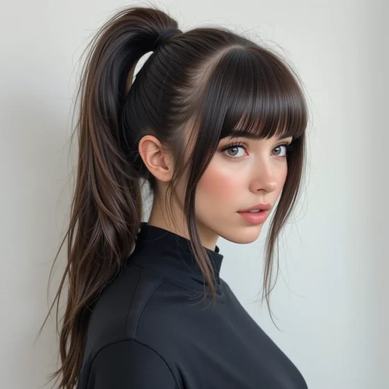 Sleek Bottleneck Bangs with a High Ponytail