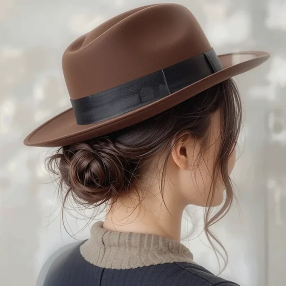 Sleek Low Bun with a Fedora