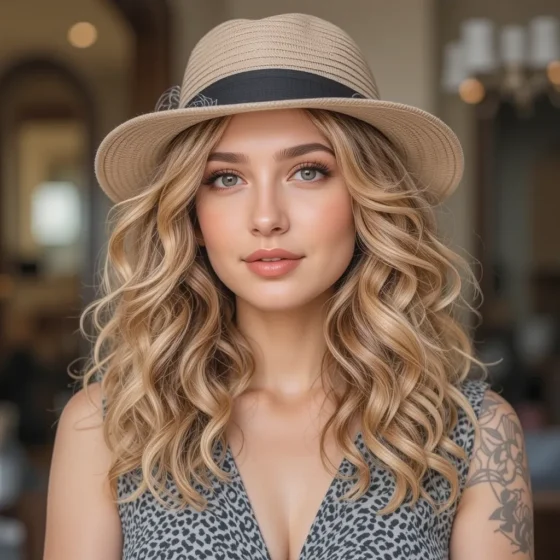 Soft Curls with a Classic Boater Hat