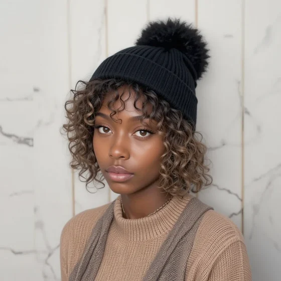 Tapered Cut with Defined Curls and a Beanie