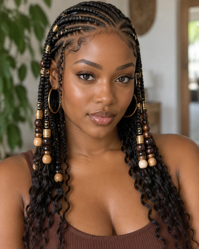 Traditional Center-Part Fulani Braids with Beads