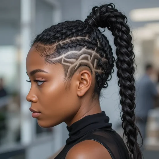 Twisted Ponytail with Geometric Shaved Lines