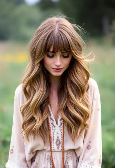 Boho Waves with Eyebrow-Length Bangs