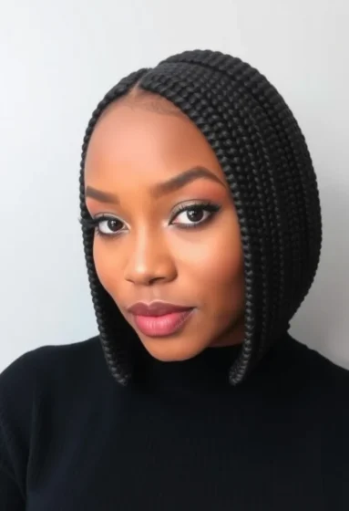 Chin-Length Box Braid Bob with Straight Bangs