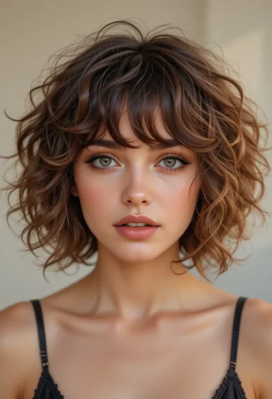 Choppy Curly Bob With Feathered Bangs