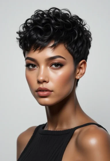 Cropped Curly Pixie With Micro Bangs