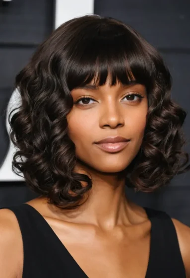 Curly Shoulder-Length Bob with Side-Swept Bangs