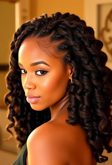 Curved Feed-In Braids with Voluminous Curls