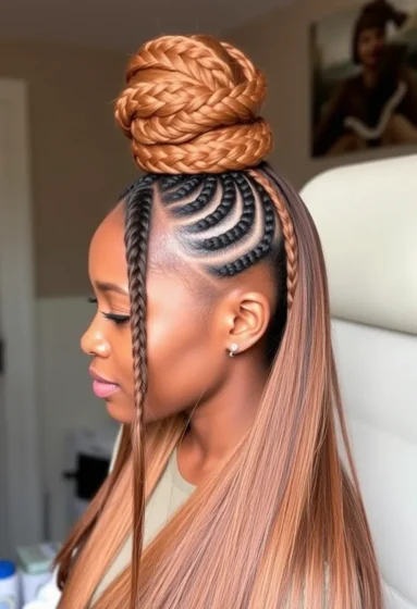 Half-Up Braided Top Knot with Straight Weave