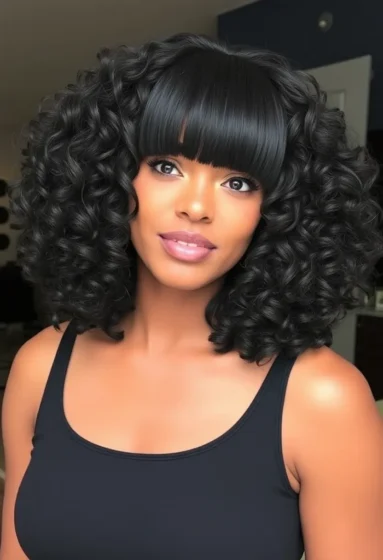 High-Volume Curly Bob with Blunt Bangs