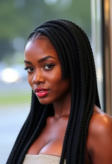 Jet Black Large Knotless Braids with Shine