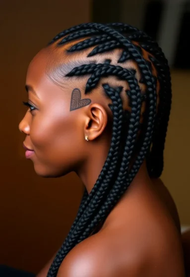 Large Knotless Braids with Heart-Shaped Designs
