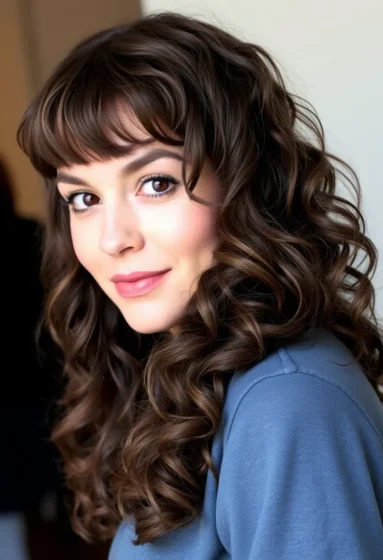 Long Wolf Cut with Curly Curtain Bangs