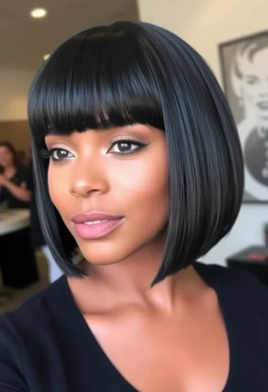 Sleek Jet Black Blunt Bob with Full Bangs