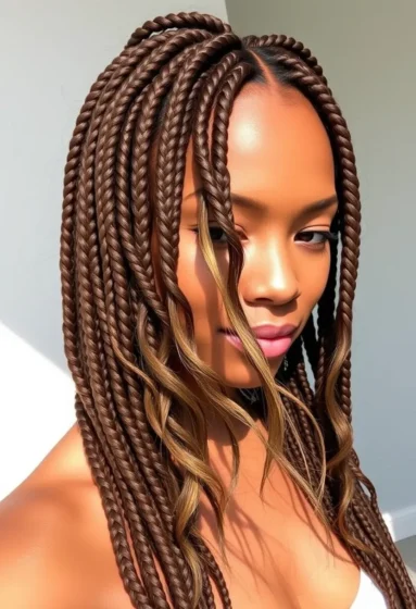 Boho Medium Box Braids with Wavy Strands