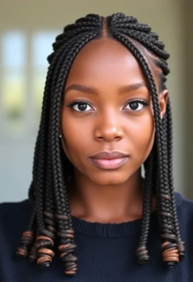 Knotless Box Braids with Deep Curled Ends and a Center Part