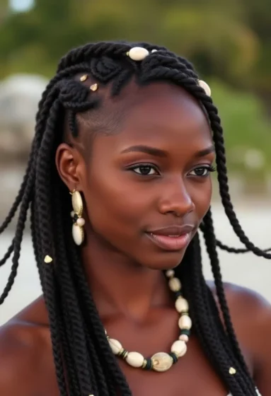Medium Box Braids with Shells and Beads