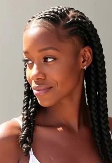 Mid-Length Knotless Braids with Curled Ends and a Side Part