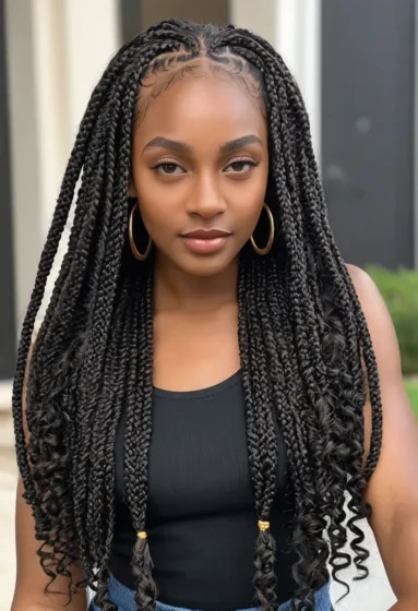 Waist-Length Knotless Box Braids with Defined Curls at the Ends