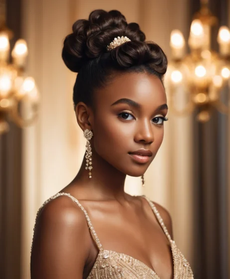 High Bun with Curly Bangs