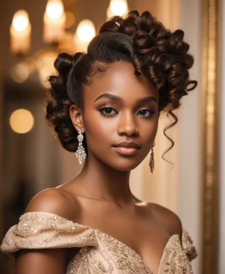Voluminous Curly Updo with Soft Tendrils