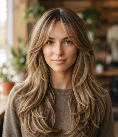 Long Layered Cut with Subtle Curtain Bangs