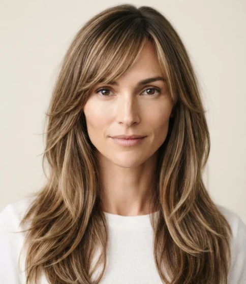 Long Layers with Side-Swept Bangs