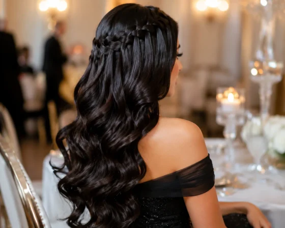 Waterfall Braid with Loose Hollywood Curls
